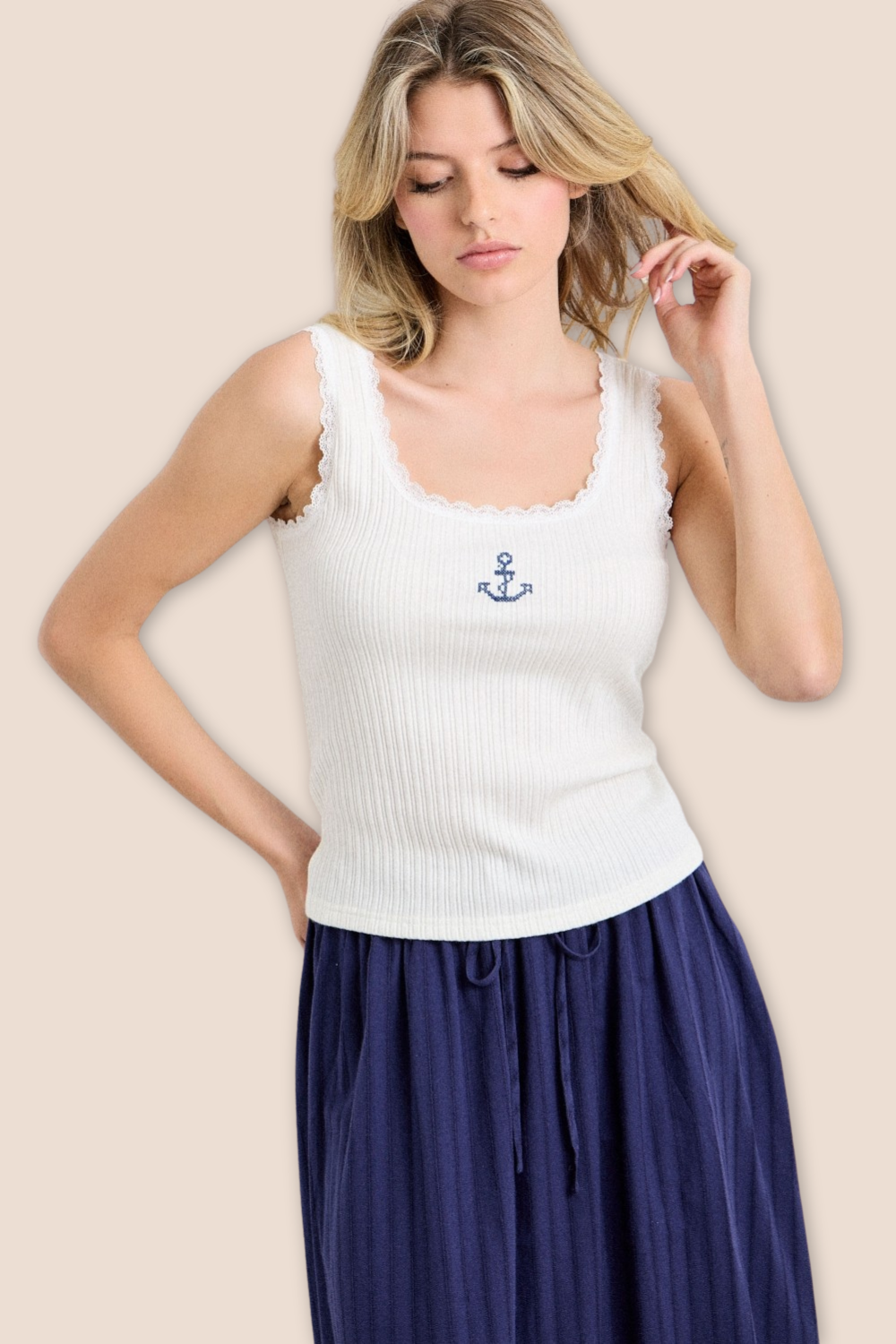 Marina Anchor Embroidered Ribbed Tank