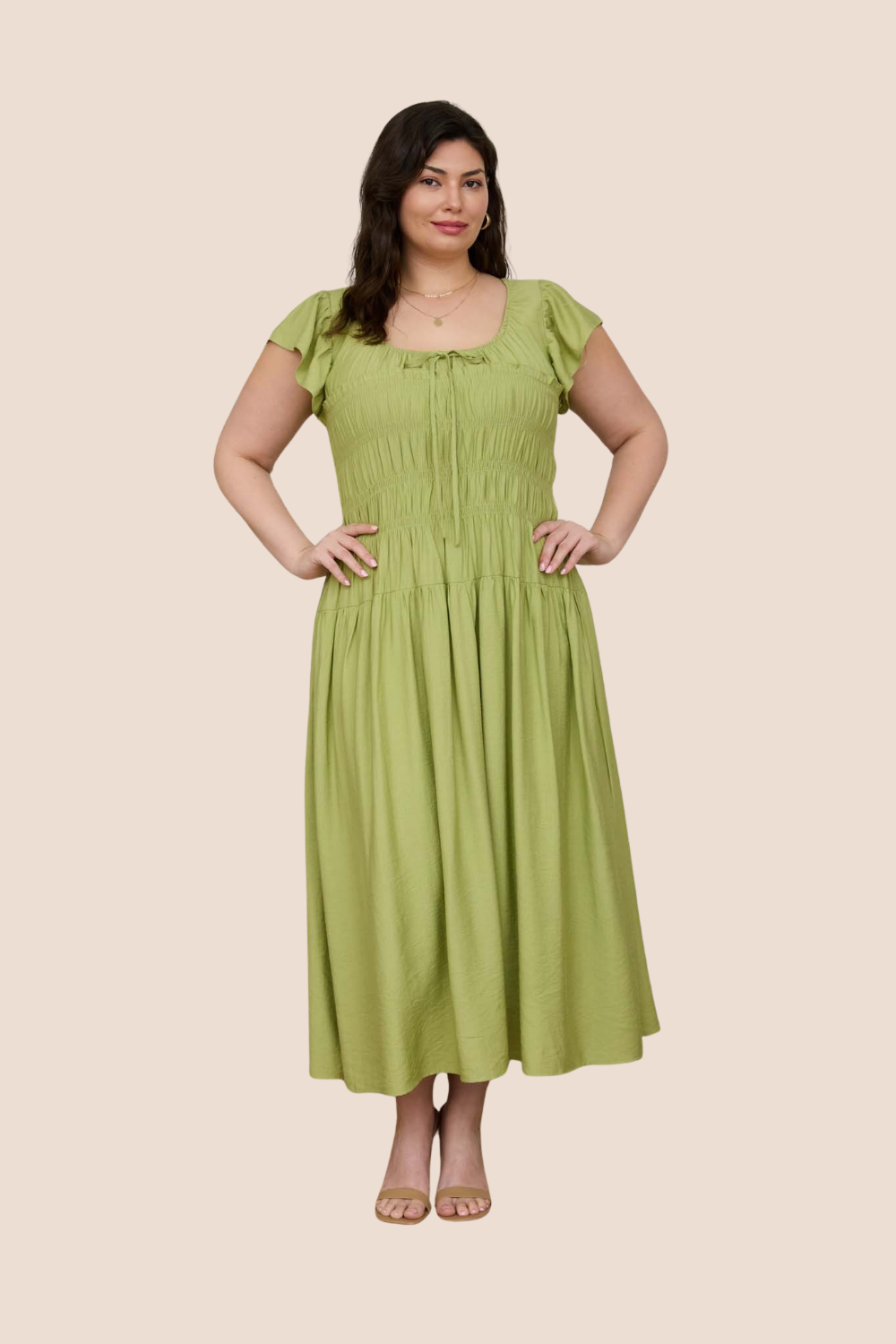 Journee Shirred Bodice Ruffle Sleeve Midi Dress