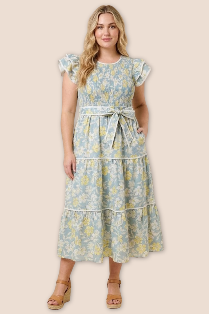 Amanda Smocked Ruffle Sleeve Midi Dress