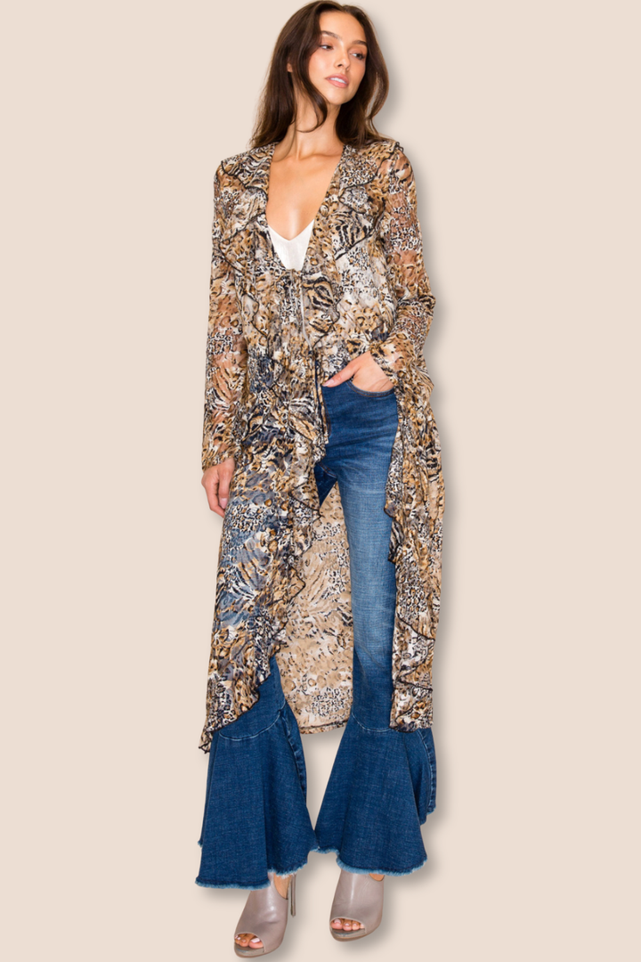 Rae Animal Print Tie Front Long Cardigan