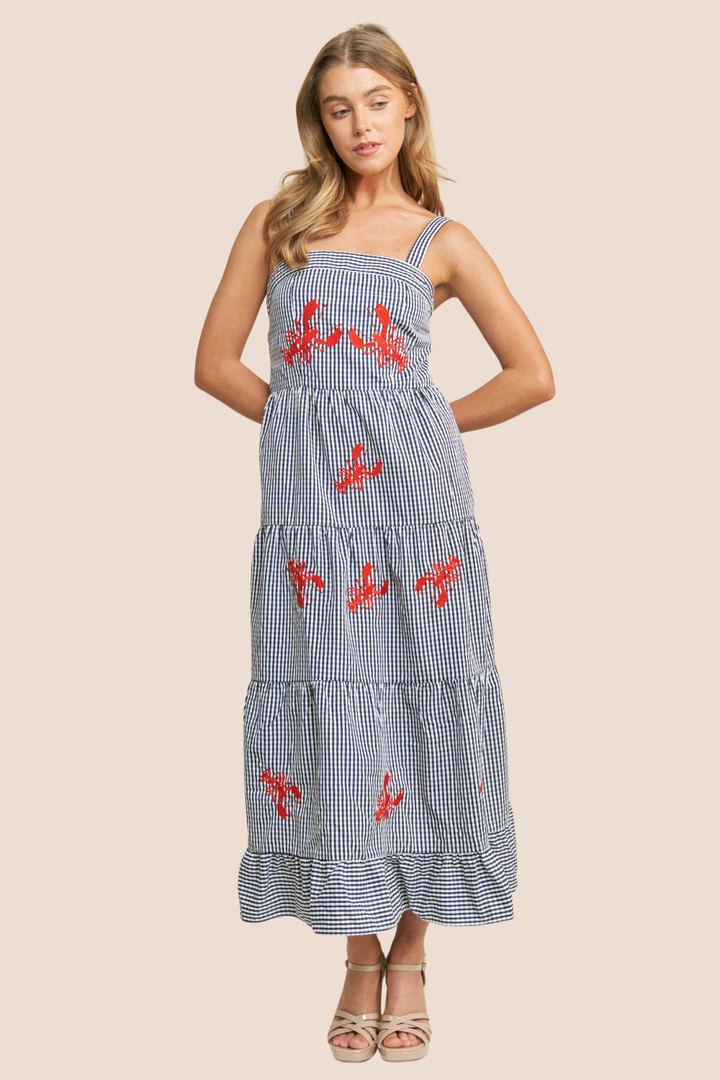 Arabella Lobster Embroidered Gingham Midi Dress