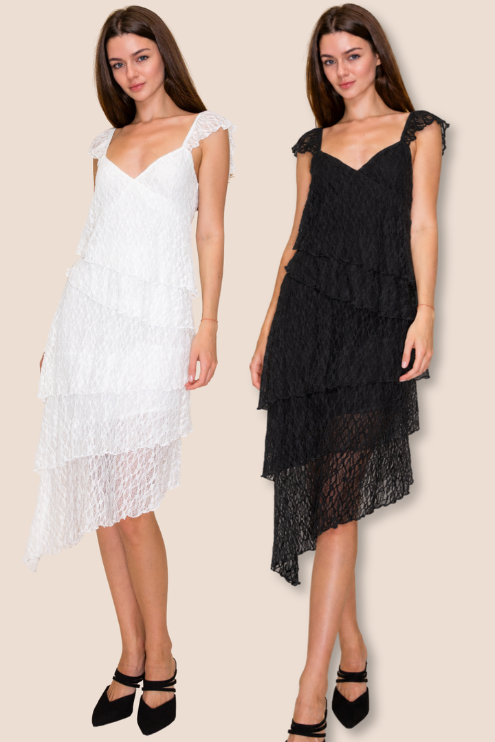 Stevie Lace Asymmetrical Midi Dress with Cap Sleeves