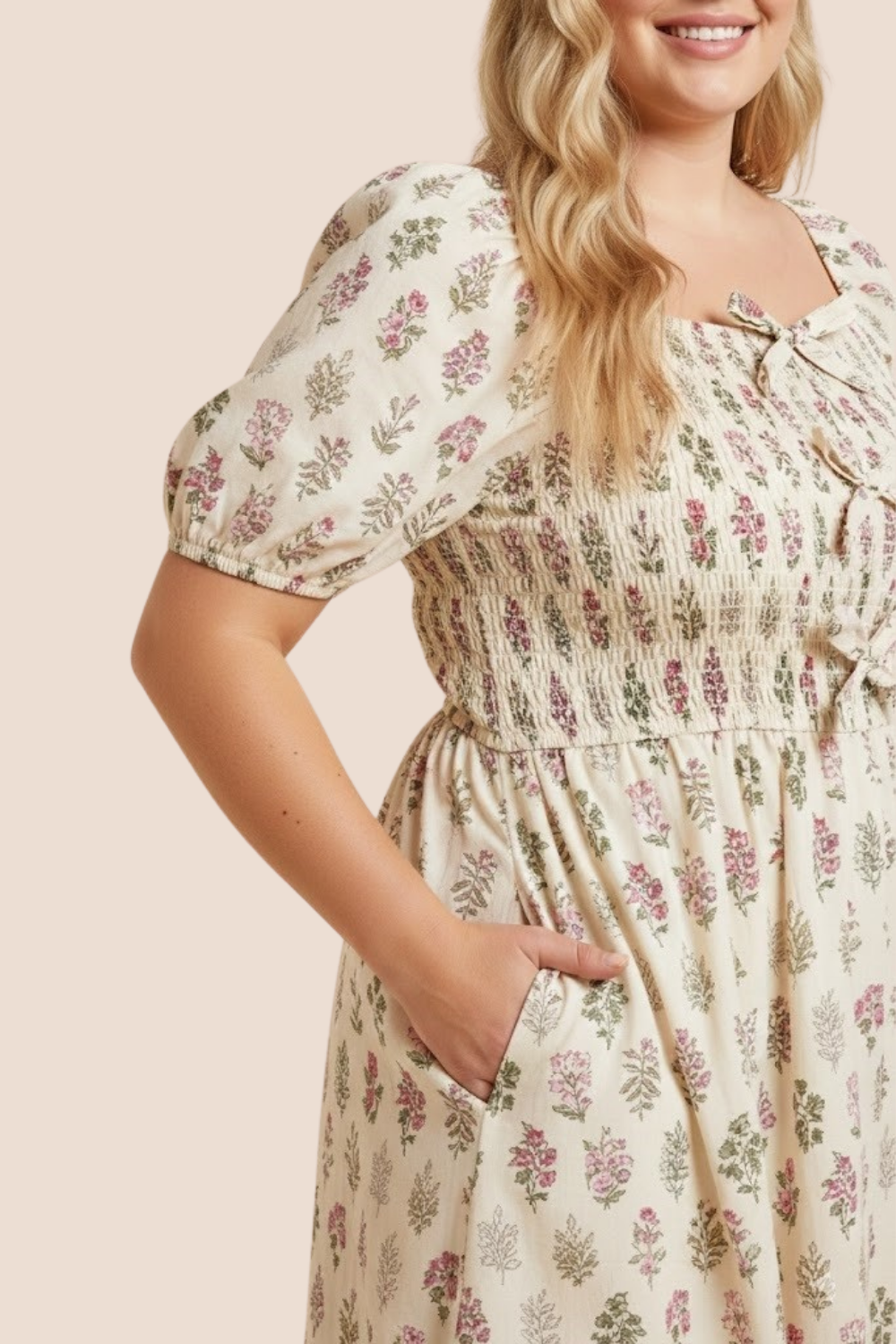 Maisie Block Print Bow Detailed Smocked Midi Dress