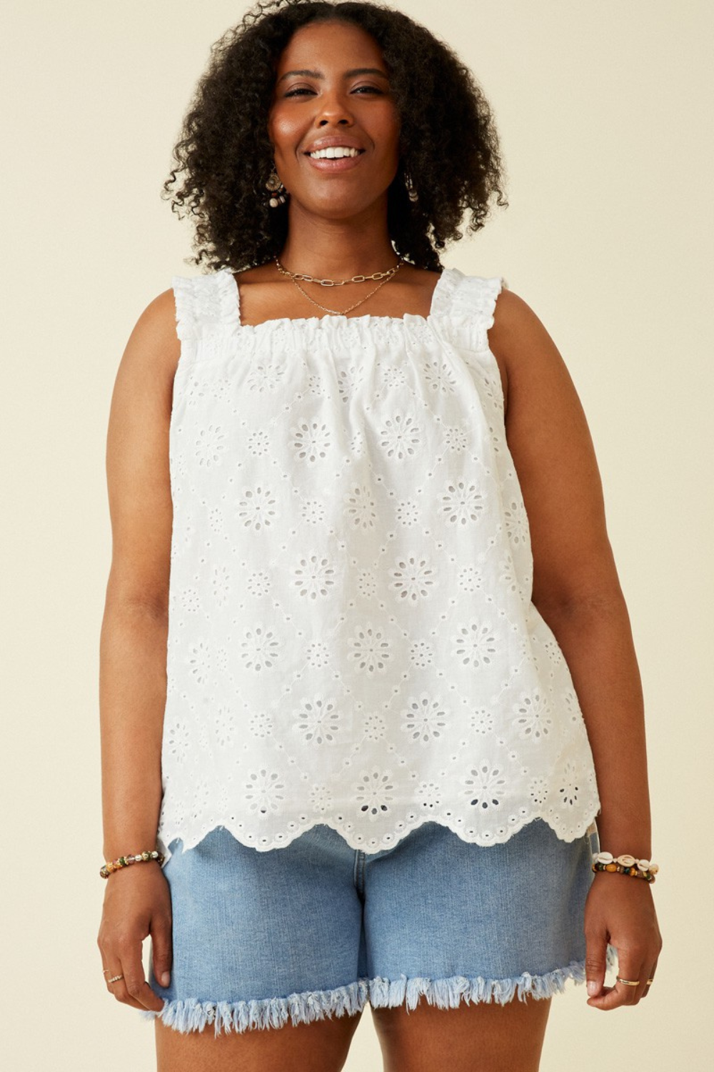 Paige Ruffle Strap Eyelet Detail Scallop Hem Tank in Off White