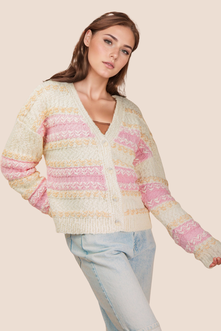 Leah Multi Color Textured Knit Sweater Cardigan