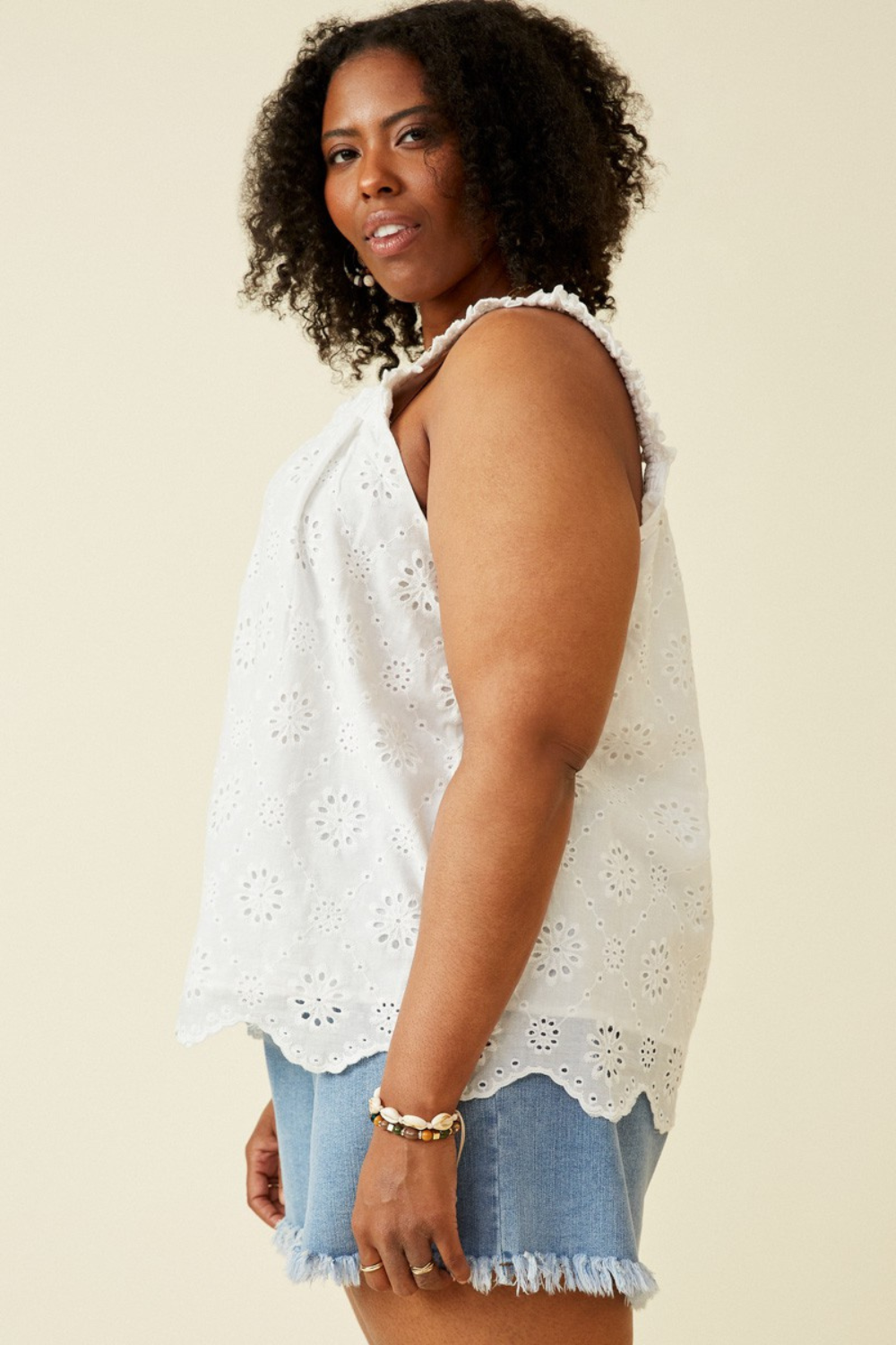 Paige Ruffle Strap Eyelet Detail Scallop Hem Tank in Off White