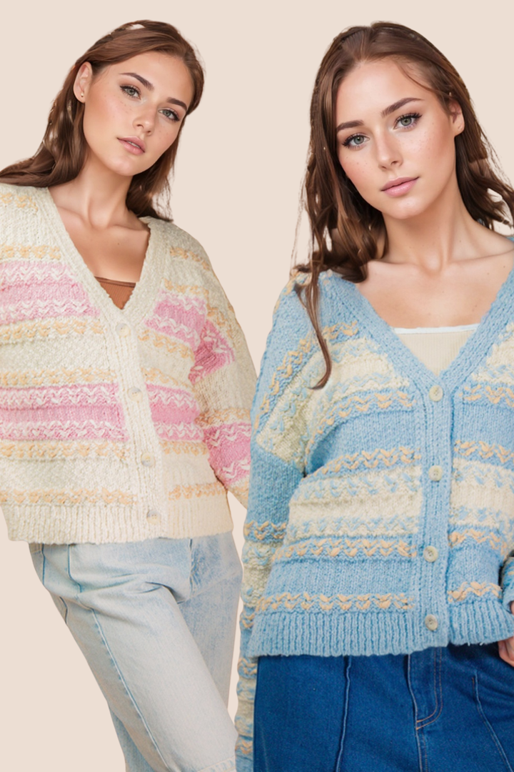 Leah Multi Color Textured Knit Sweater Cardigan