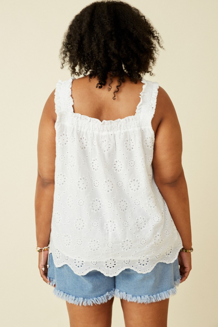 Paige Ruffle Strap Eyelet Detail Scallop Hem Tank in Off White