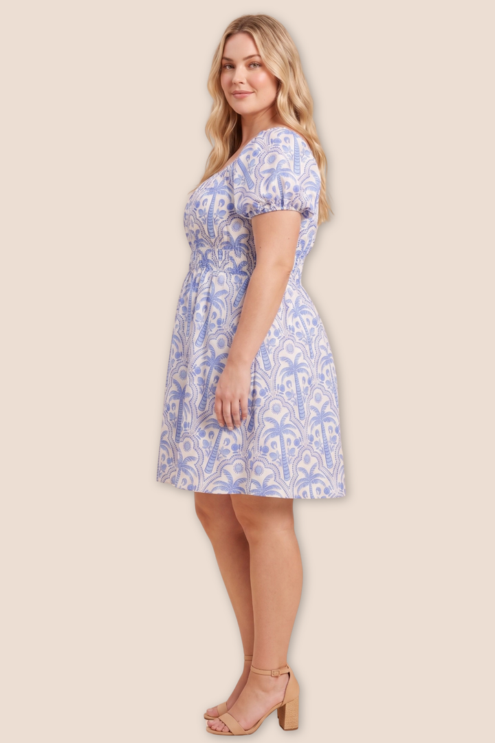 Pearl Palm Tropical Puff Sleeve Dress