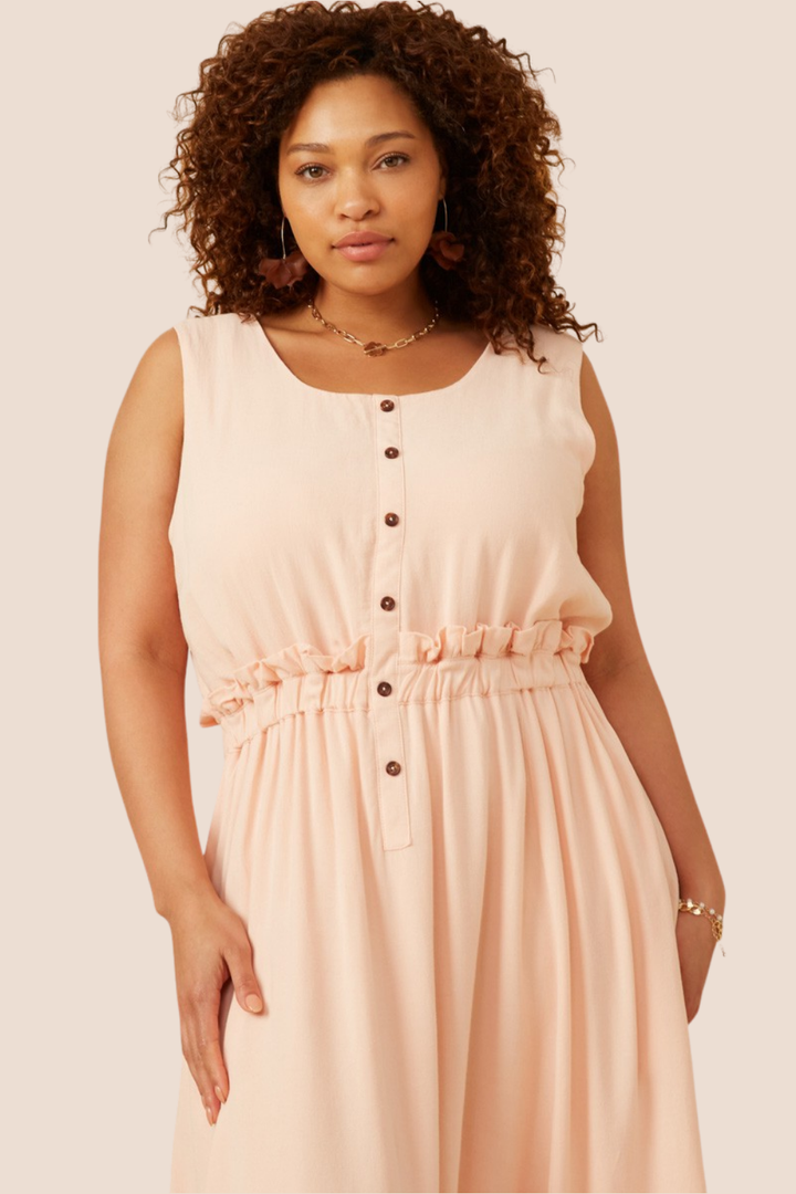 Amora Ruffle Waist Button Front Midi Dress