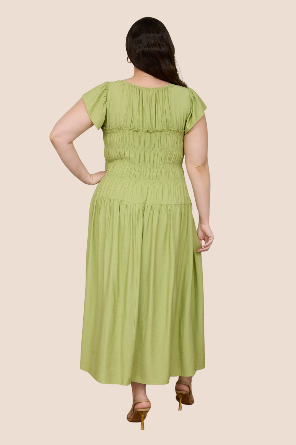 Journee Shirred Bodice Ruffle Sleeve Midi Dress