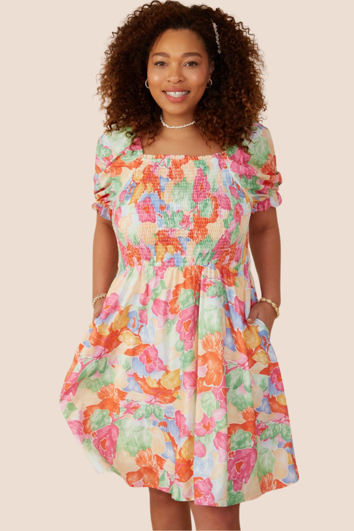 Reese Floral Smocked Square Neck Dress
