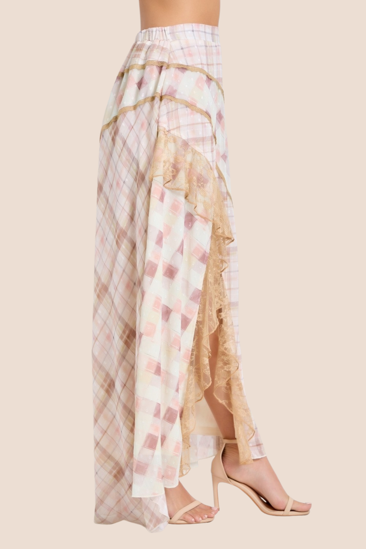 Hattie Mixed Pattern Midi Skirt with Side Slit