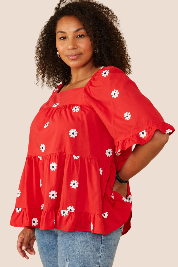 Harley All Over Daisy Embroidered Square Neck Top