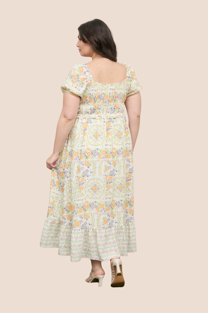 Hope Floral Sweetheart Front Tie Puff Sleeve Midi Dress