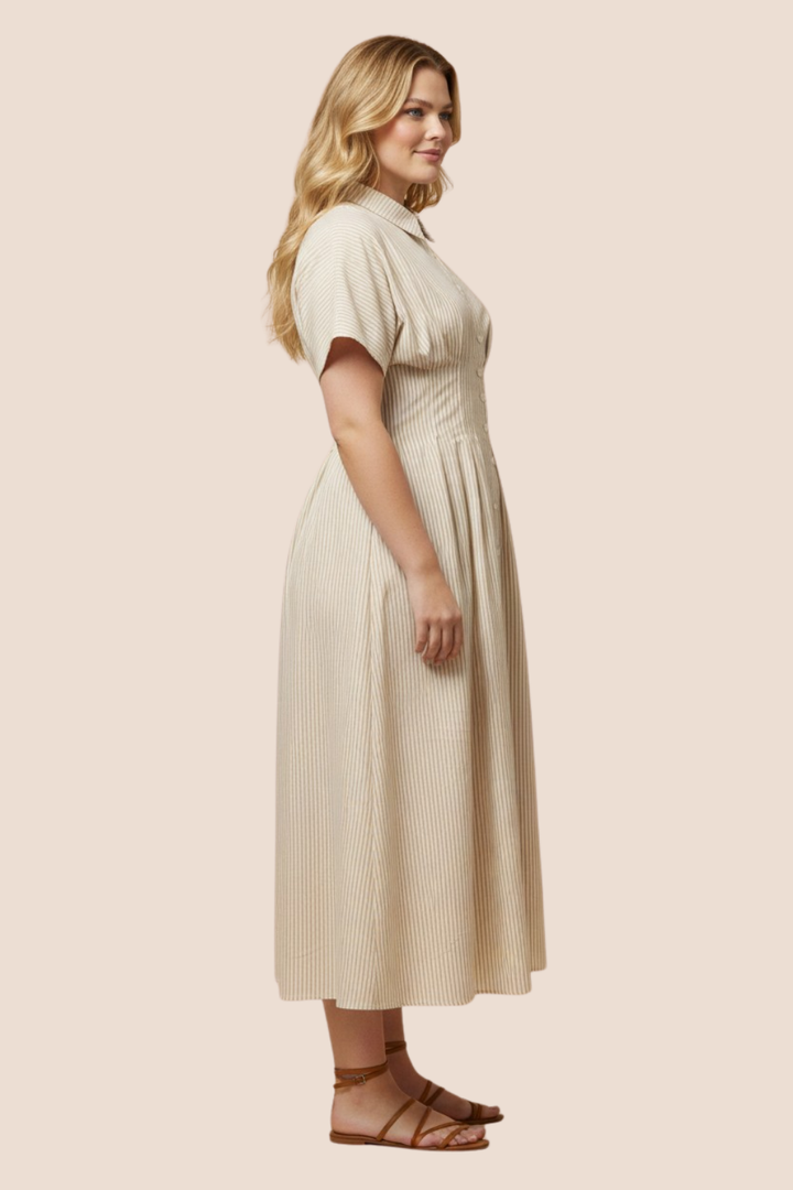 Willa Button Down Pintucked Waist Midi Dress