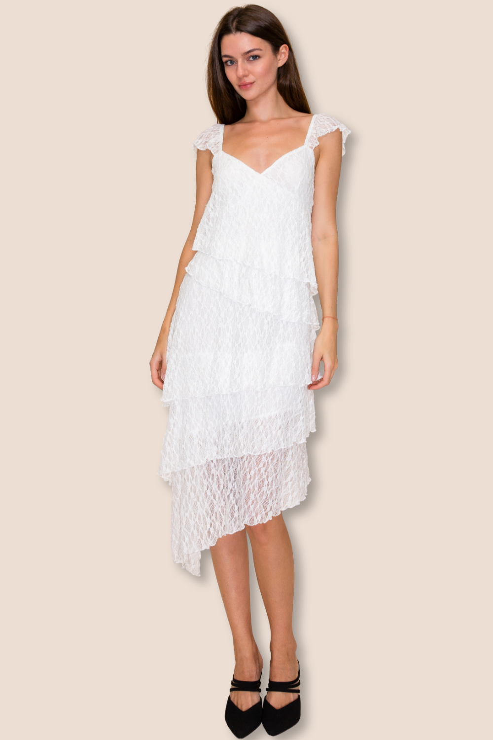 Stevie Lace Asymmetrical Midi Dress with Cap Sleeves