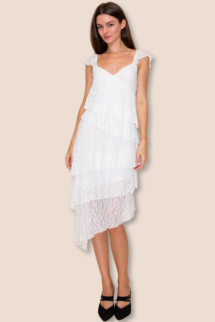 Stevie Lace Asymmetrical Midi Dress with Cap Sleeves