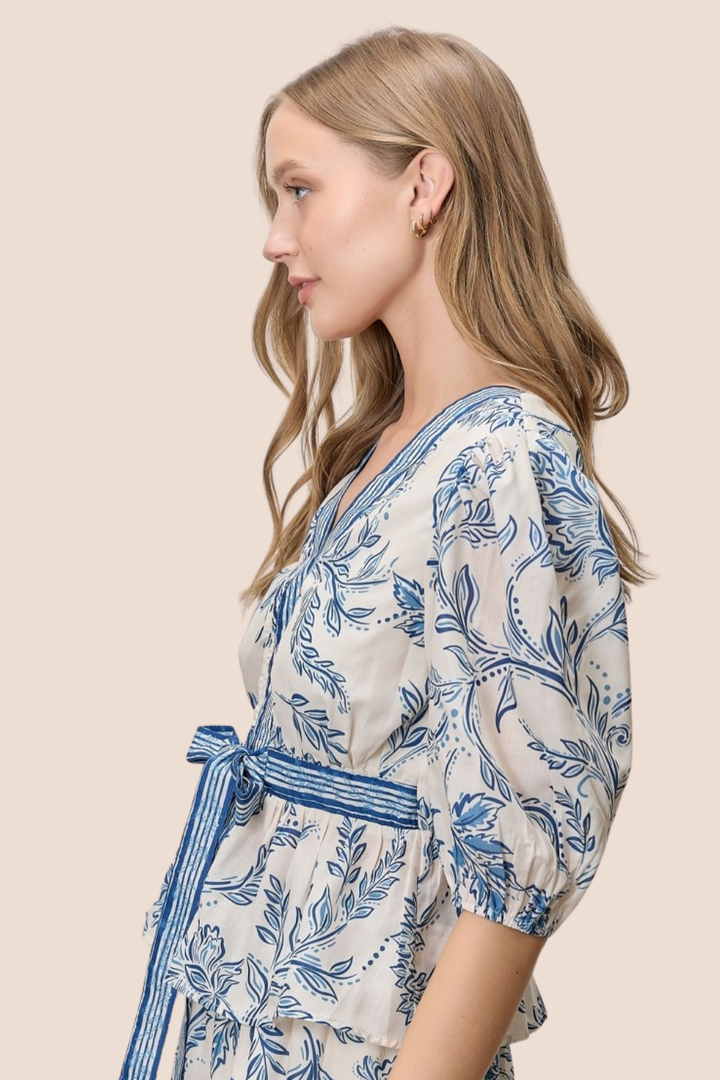 Shiloh Paisley Printed V-Neck Tie Front Peplum Top