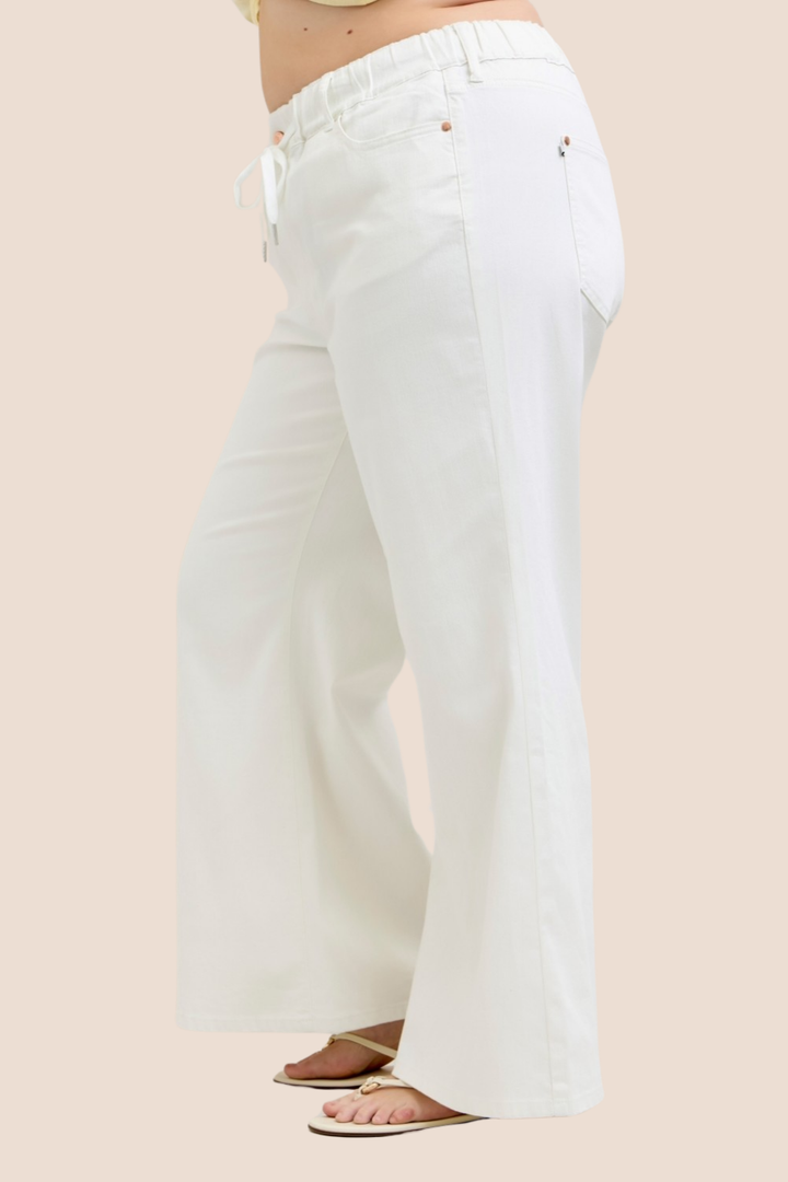 Saylor High Waisted Elastic Waistband White Palazzo Judy Blue Jeans