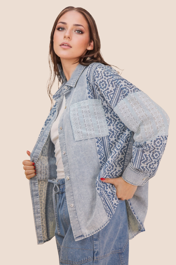Harper Oversized Long Sleeve Denim Top with Patchwork Detailing