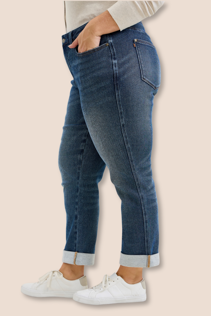 Billie Medium Rise Boyfriend Cozy Knit Dark Indigo Judy Blue Jeans