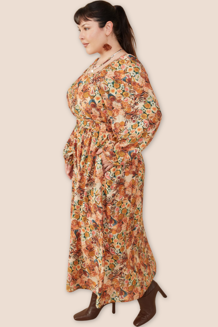 Mina Floral Fruit Print Gathered Waist Midi Dress