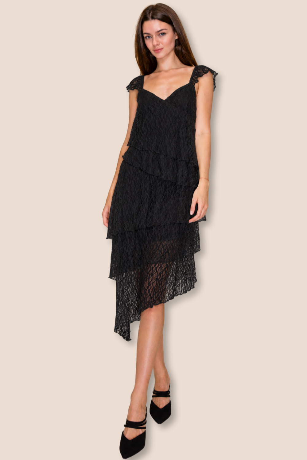 Stevie Lace Asymmetrical Midi Dress with Cap Sleeves