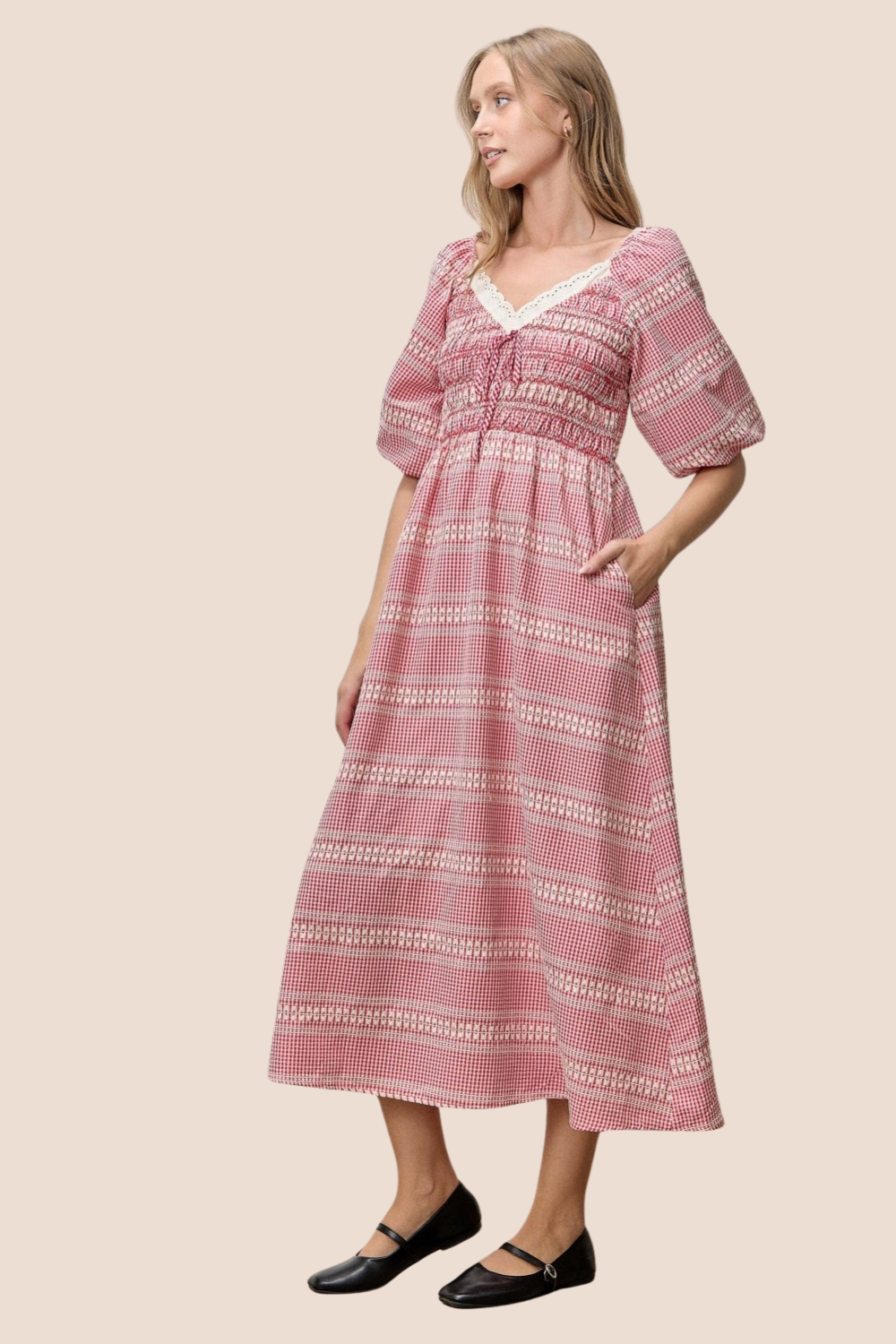 Harmony Eyelet Trim V-Neck Short Sleeve Midi Dress