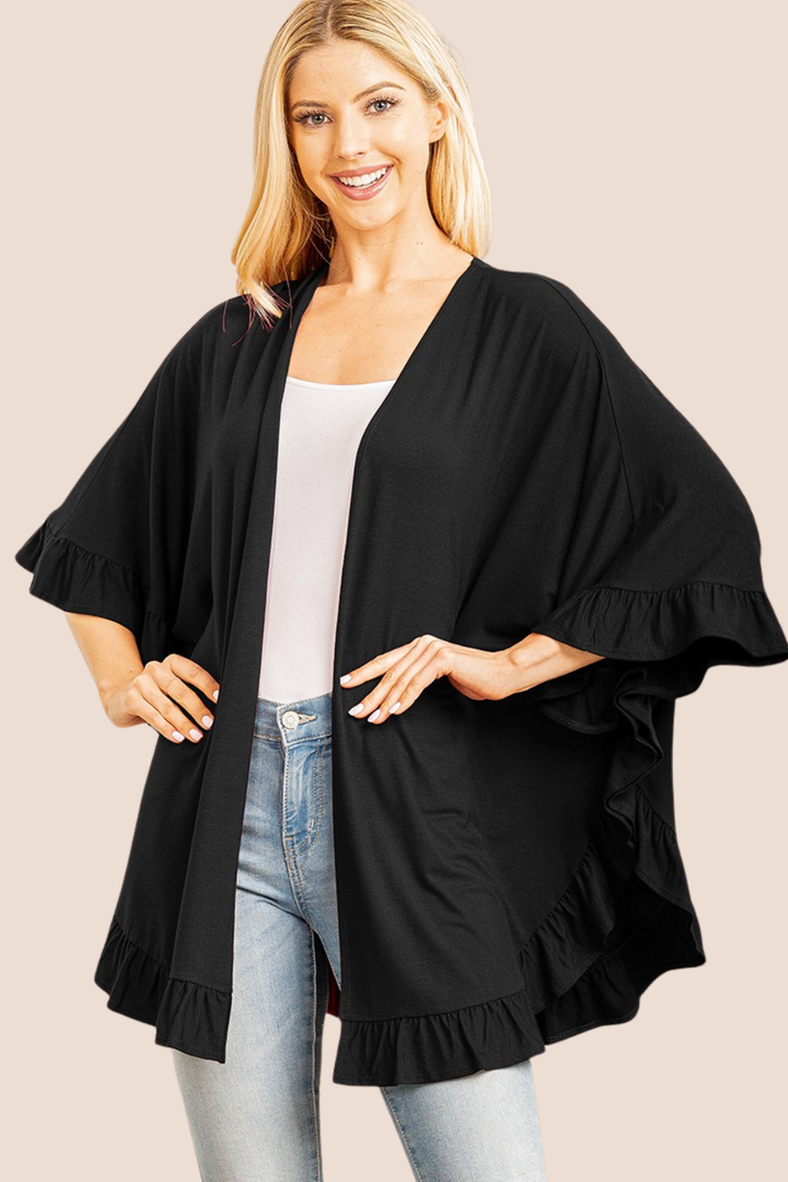 Aurora Solid 3/4 Sleeve Cardigan with Ruffle Detail