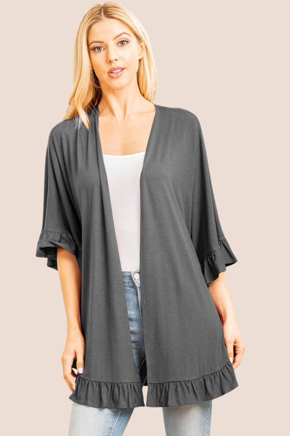 Aurora Solid 3/4 Sleeve Cardigan with Ruffle Detail