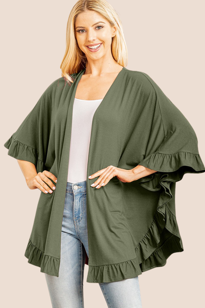 Aurora Solid 3/4 Sleeve Cardigan with Ruffle Detail