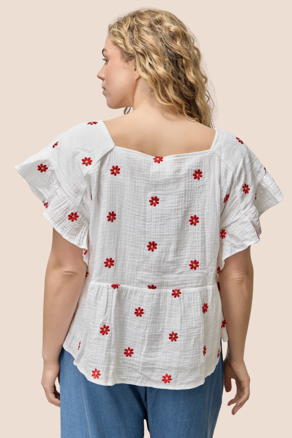 Parker Flower Embroidered Square Neck Short Sleeve Top