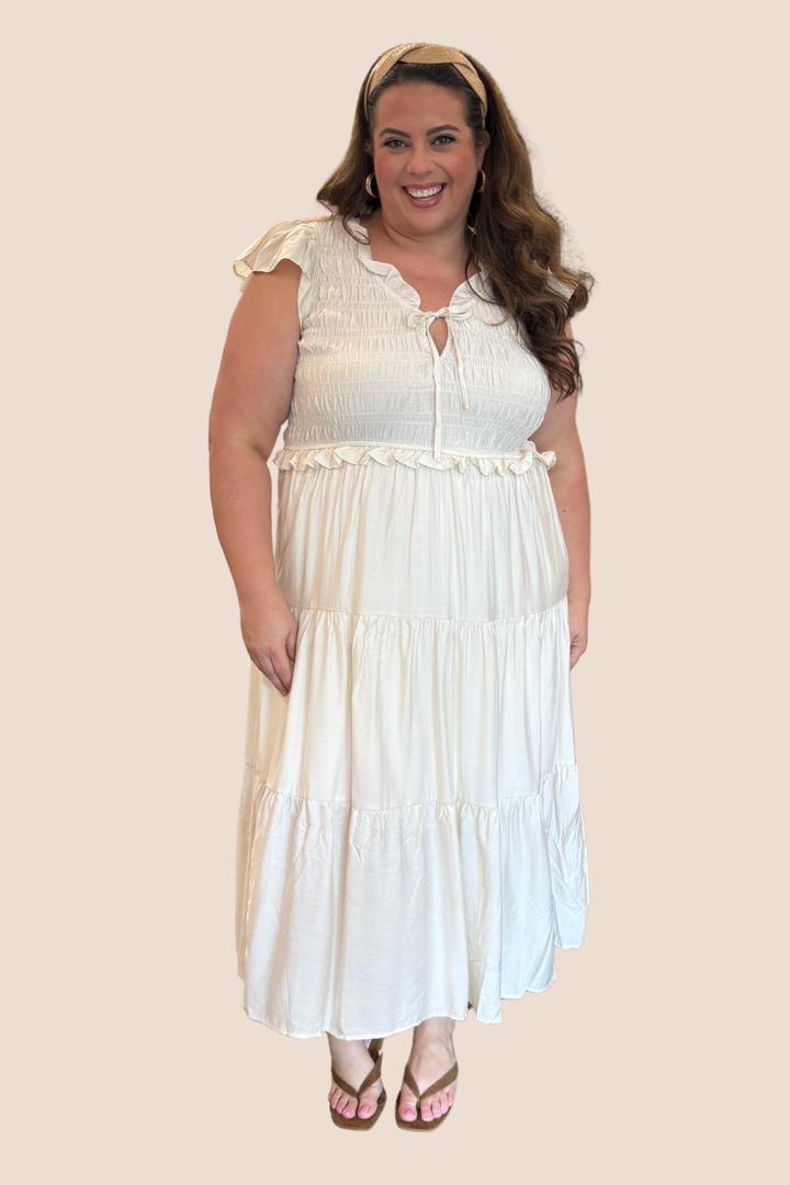 Demi Smocked Front Tie Ruffled Tiered Midi Dress