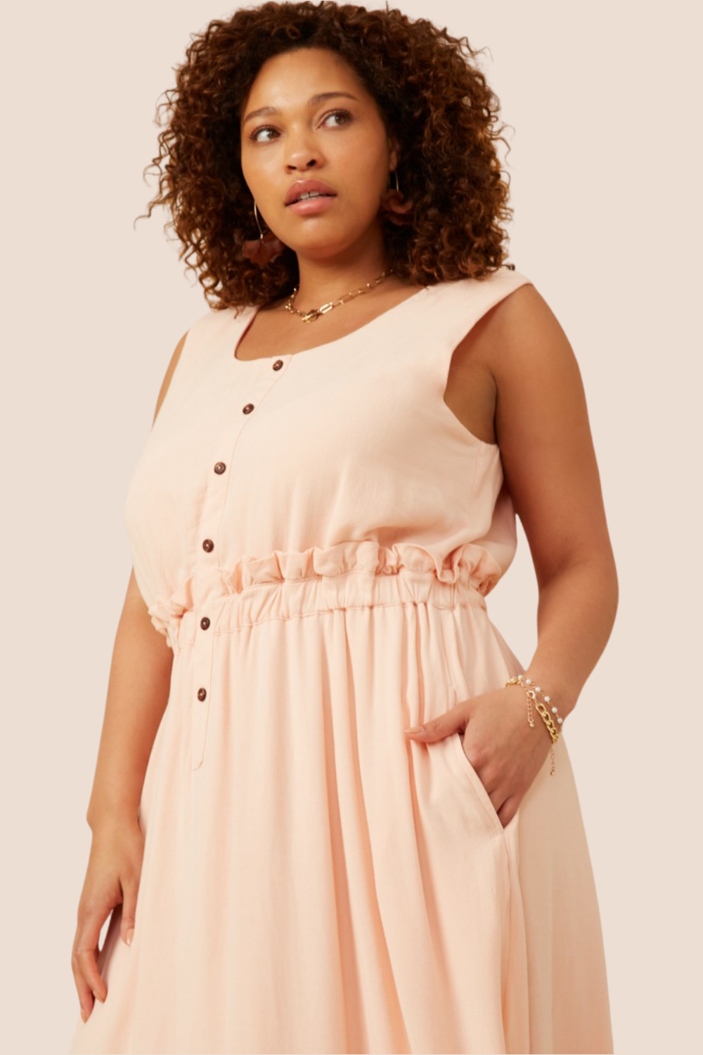 Amora Ruffle Waist Button Front Midi Dress