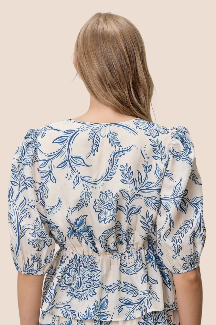Shiloh Paisley Printed V-Neck Tie Front Peplum Top