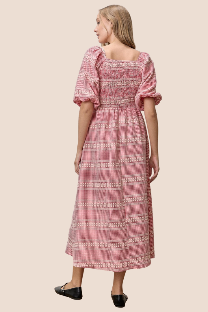 Harmony Eyelet Trim V-Neck Short Sleeve Midi Dress
