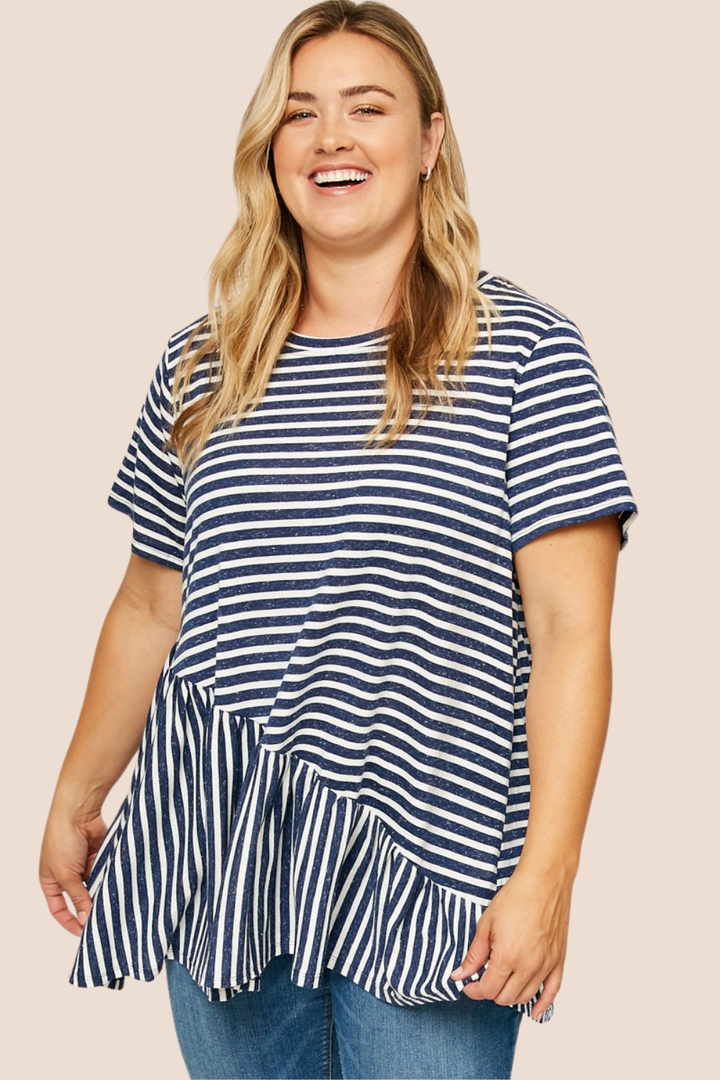 Kathy Short Sleeve Asymmetrical Striped Peplum Top