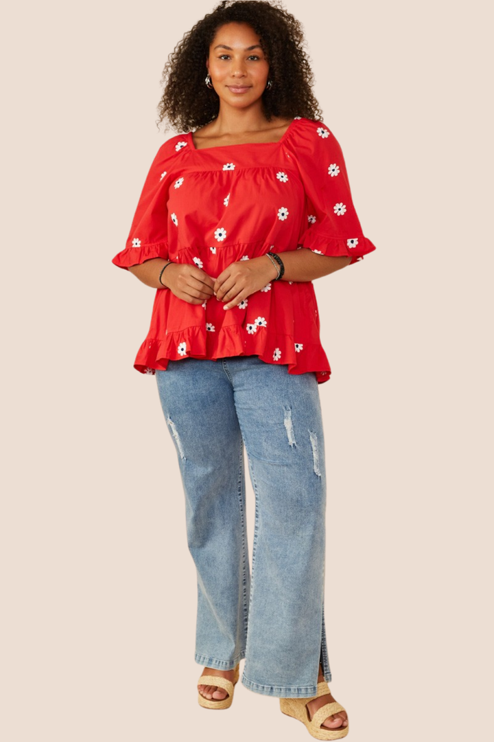 Harley All Over Daisy Embroidered Square Neck Top