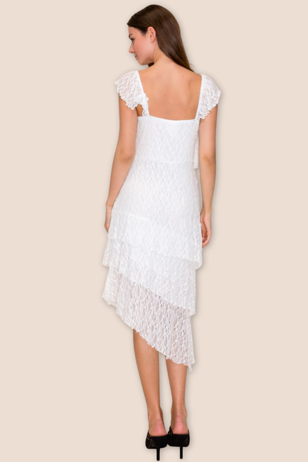 Stevie Lace Asymmetrical Midi Dress with Cap Sleeves