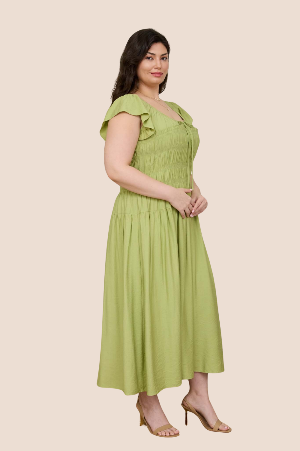 Journee Shirred Bodice Ruffle Sleeve Midi Dress