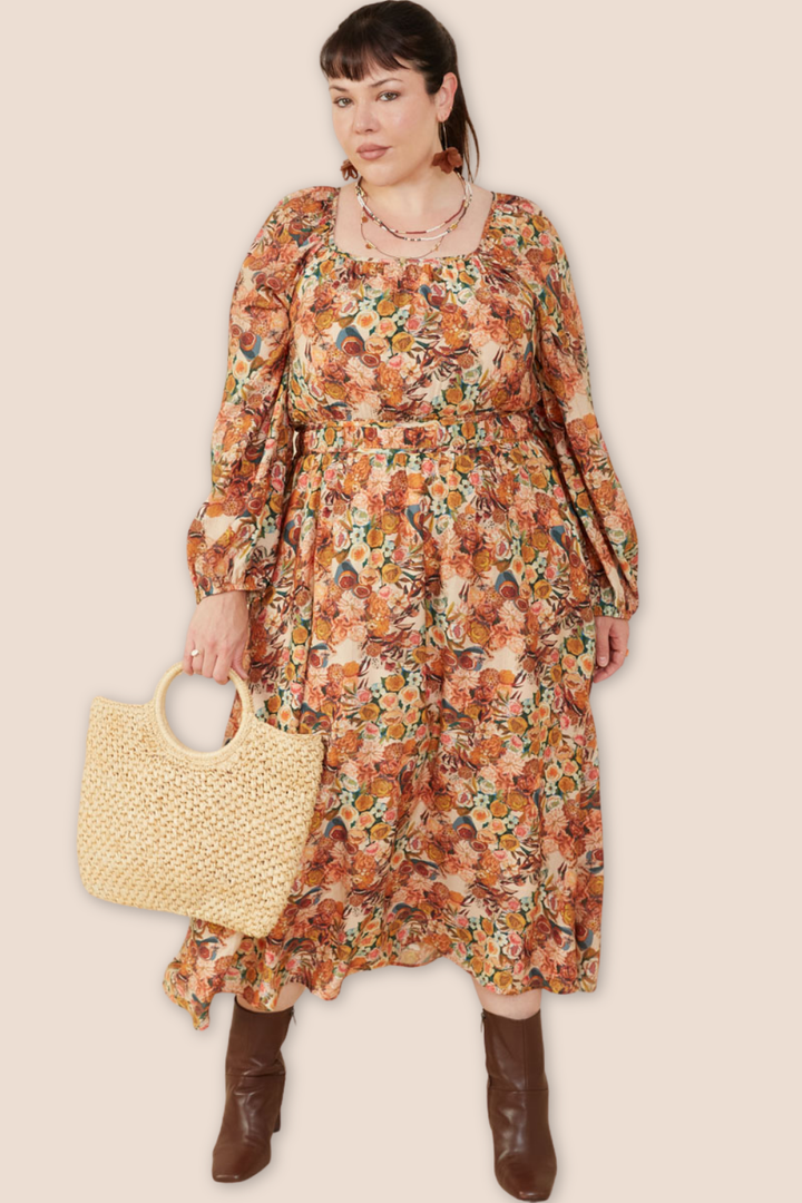 Mina Floral Fruit Print Gathered Waist Midi Dress
