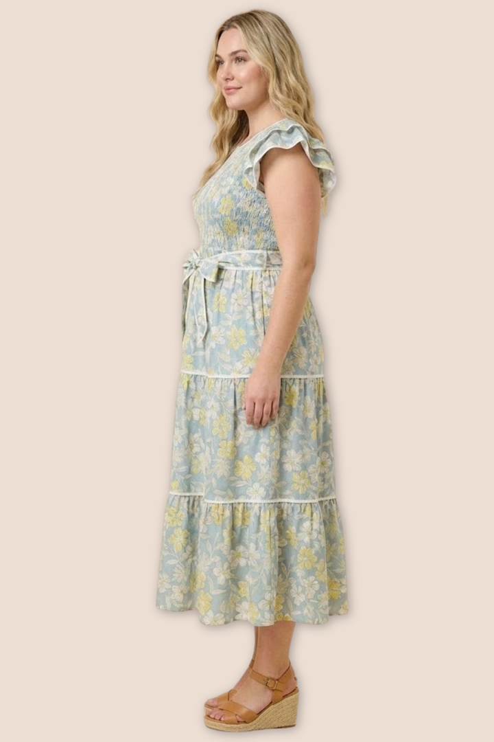 Amanda Smocked Ruffle Sleeve Midi Dress