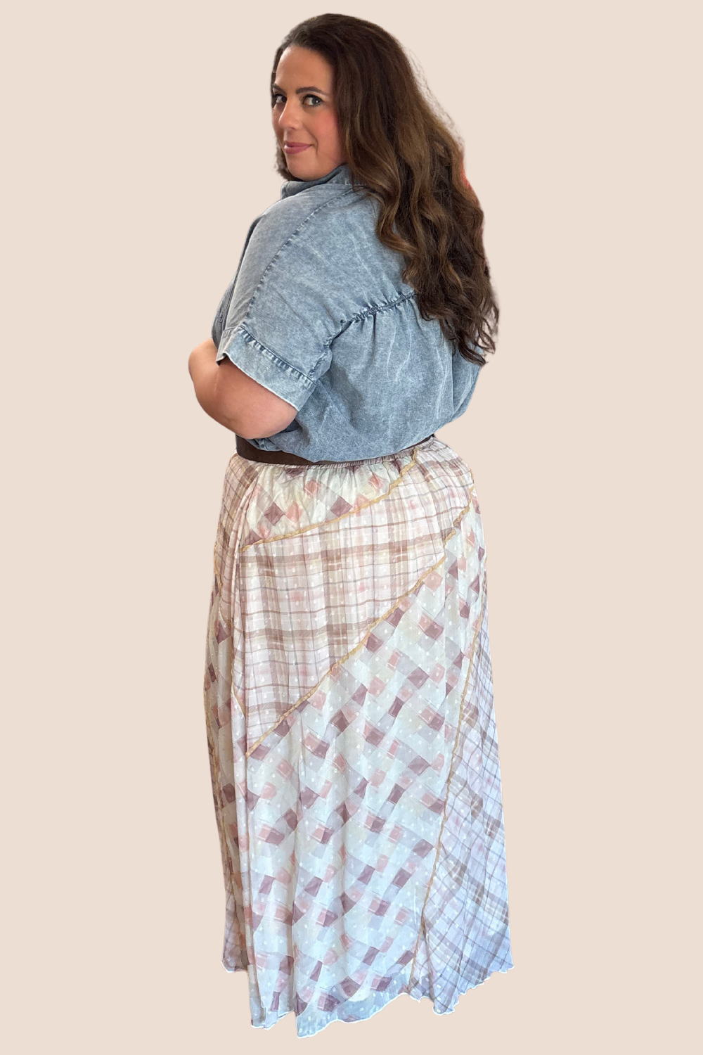 Hattie Mixed Pattern Midi Skirt with Side Slit