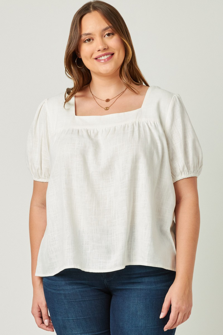 Anastasia Linen Square Neck Puff Sleeve Top in Off White