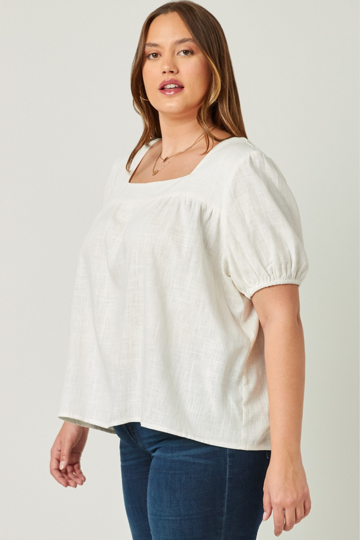 Anastasia Linen Square Neck Puff Sleeve Top in Off White