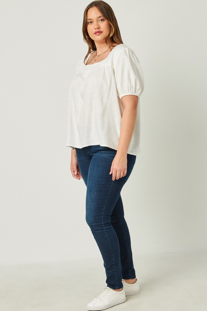 Anastasia Linen Square Neck Puff Sleeve Top in Off White