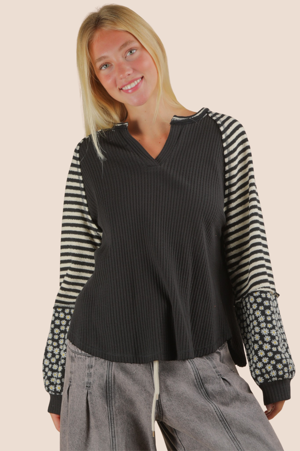 Kelsey Oversized Floral & Stripe Casual Knit Long Sleeve Top