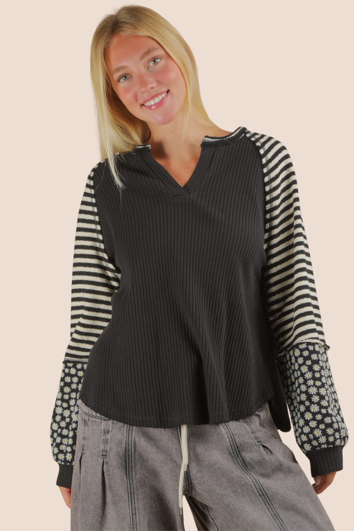 Kelsey Oversized Floral & Stripe Casual Knit Long Sleeve Top