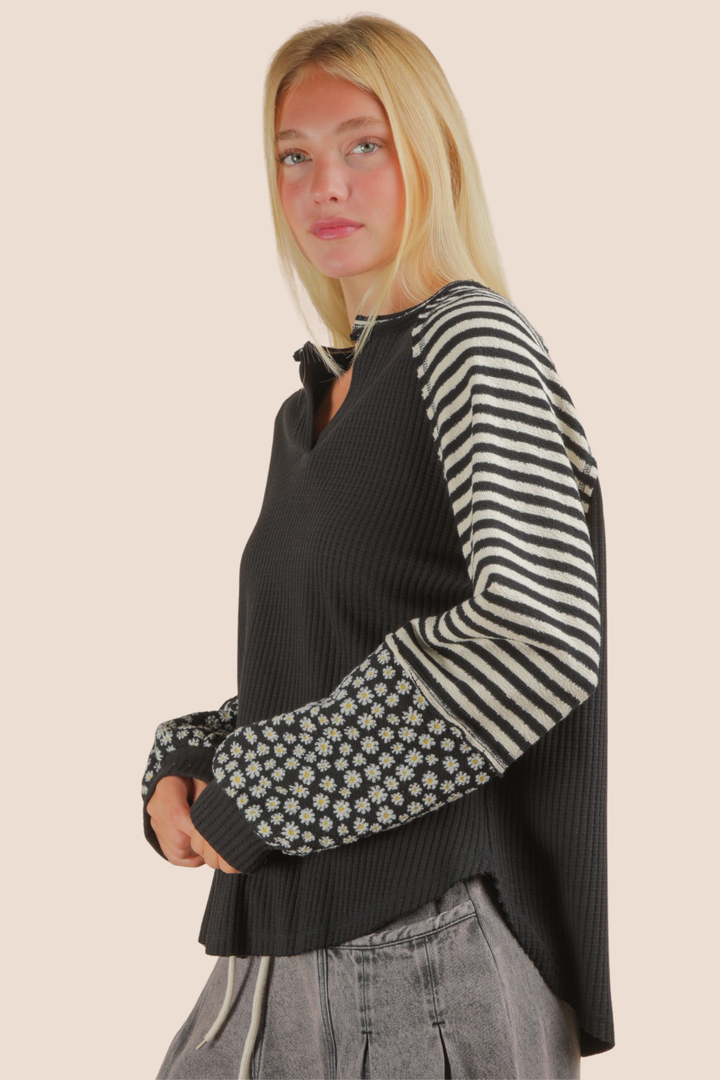 Kelsey Oversized Floral & Stripe Casual Knit Long Sleeve Top